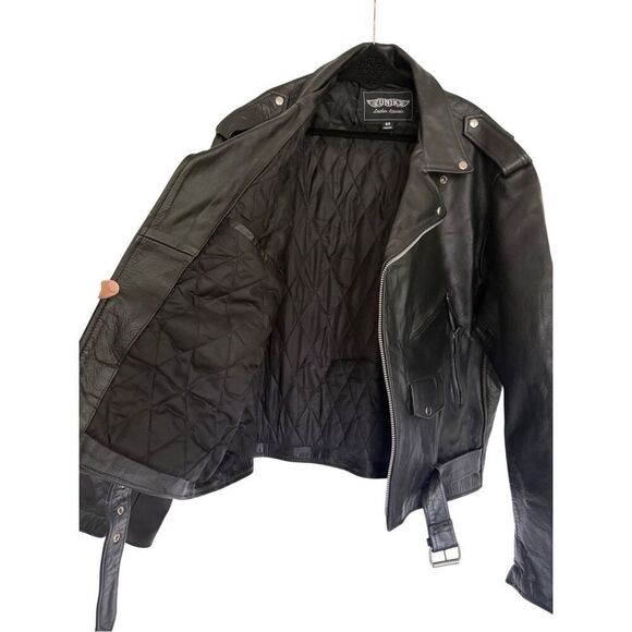 Unik Mens Black Leather Zip Front Belted Biker Motorcycle Jacket Size 56 3XL - Picture 13 of 14